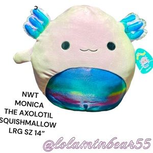 NEW W/TAGS LRG 14” MONICA THE AXOLOTL WITH RAINBOW 🌈 SHINY BELLY SQUISHMALLOW